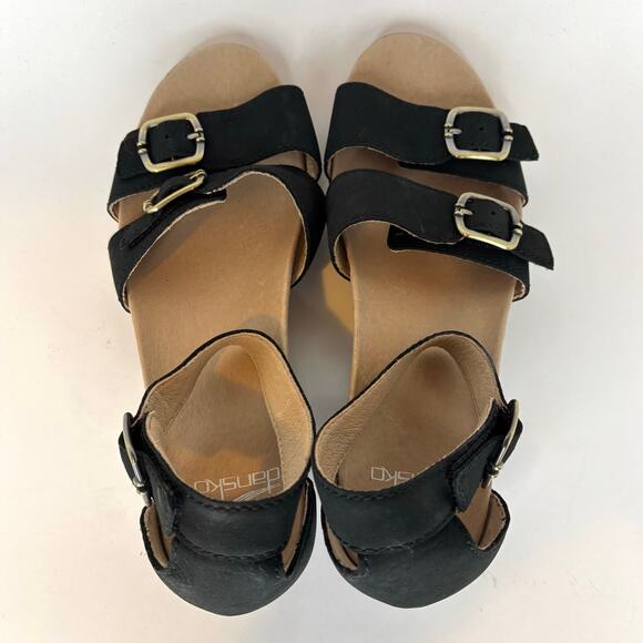 Dansko Women’s 7 / 37 Astrid Comfort Sandal Low Wedge Black Leather Strappy - Picture 5 of 10